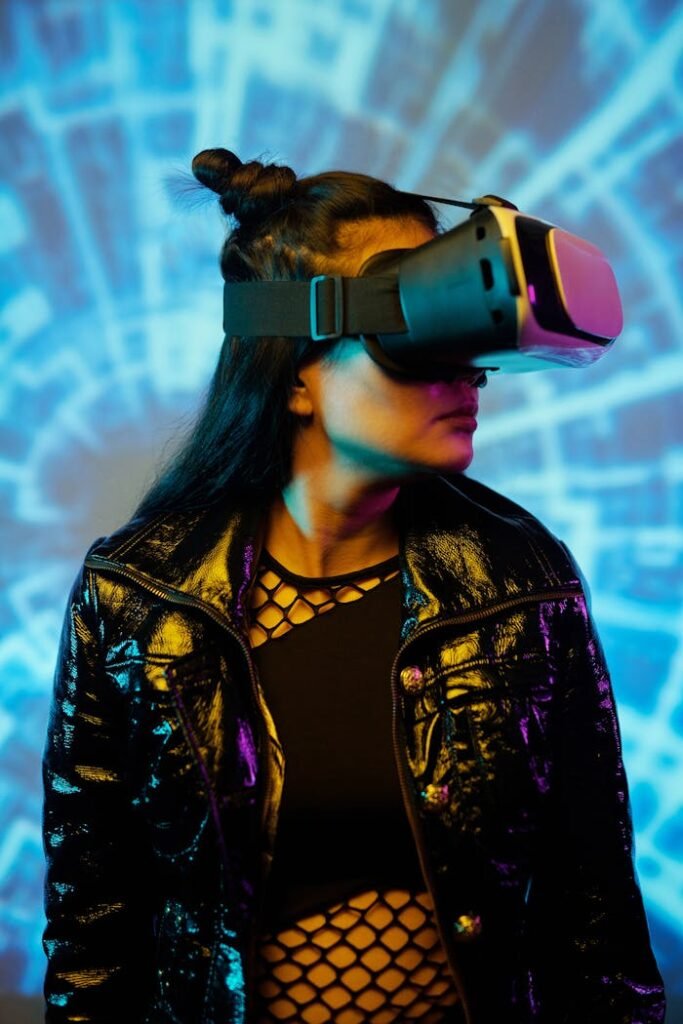 Stylish Asian woman immersed in virtual reality with futuristic glowing backdrop.